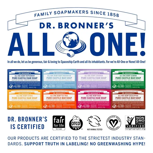 Vista 6 de Jabones mágicos Dr. Bronner’s, jabón de Castilla puro, Menta de cáñamo, todo en uno, barras de 5 onzas (paquete de 6), Peppermint