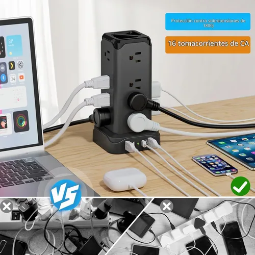 Vista 2 de PASSUS - Regletas de alimentación con protección contra sobretensiones, cable de extensión plano de 6 pies con múltiples tomas, torre de 16 tomas
