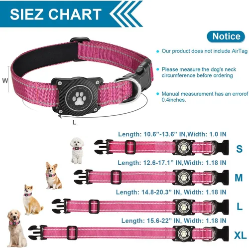 Vista 6 de Airtag - Collar para perro, collar de nailon con soporte impermeable para AirTag, collar luminoso reflectante ajustable para mascotas para perros