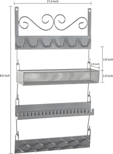 Vista 4 de MyGift Organizador de joyería colgante de metal plateado de 4 niveles con 18 ganchos, soporte para pendientes y collar, estante para exhibición