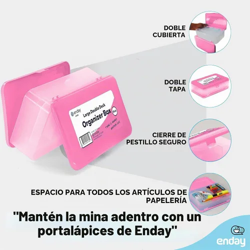 Vista 3 de Enday Caja de Lápices Rosa, Caja de Plástico de Gran Capacidad de Doble Nivel con 12 Compartimentos, Caja de Lápices de Plástico con Tapa de Cierre
