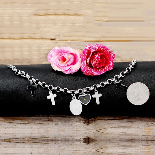 Vista 5 de Madre María Milagrosa Medalla Enlace Cadena Pulsera Mostaza Semilla Cruz Cristiana Joyería Acero Inoxidable Y914