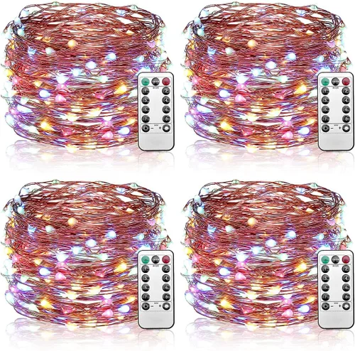 Vista 7 de Mikasol Guirnalda de luces de hadas, 4 paquetes de luces LED, funciona con pilas, alambre de cobre impermeable con control remoto, luces de hadas