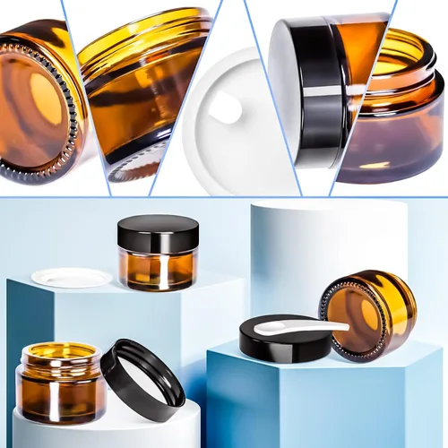 Vista 3 de 6 Pack de tarros de vidrio ámbar de 1 oz con tapas, tarros pequeños de vidrio de 1 onza con tapas y forros interiores, tarros redondos transparentes