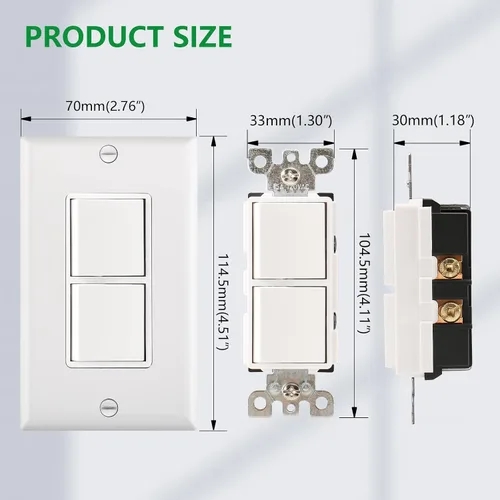 Vista 4 de Wengart Interruptor decorativo de combinación dúplex basculante con placa de pared, interruptor de luz doble de 15 amperios y 120 V, interruptor