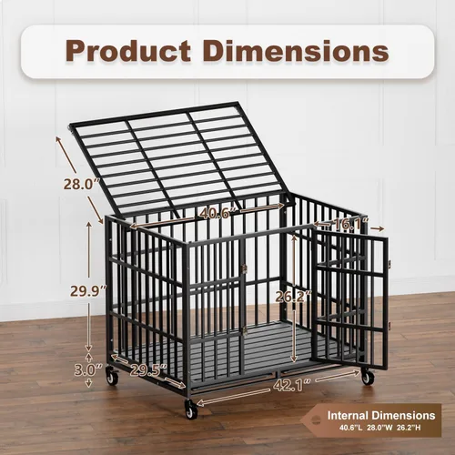Vista 2 de Snuowu Jaula para perros de alta resistencia de 42 pulgadas con ruedas, jaula indestructible a prueba de escapes para perros grandes, extragrande