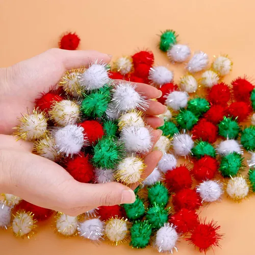 Vista 3 de 200 pompones de Navidad con purpurina de colores surtidos (0.59 pulgadas)