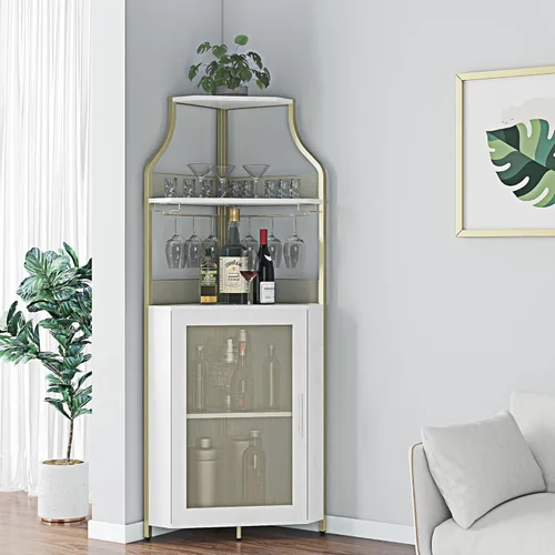 Vista 8 de GAOMON Armario esquinero para bar de vinos con estante desmontable para vinos, armario de bar con soporte para vidrio, aparador pequeño y gabinete