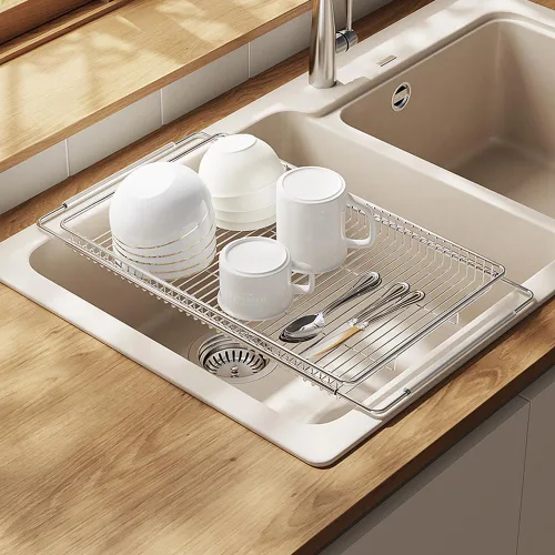 Vista 7 de Escurridor de platos ajustable sobre el fregadero, escurridor de platos de acero inoxidable, en la encimera o en el fregadero, profundo y grande