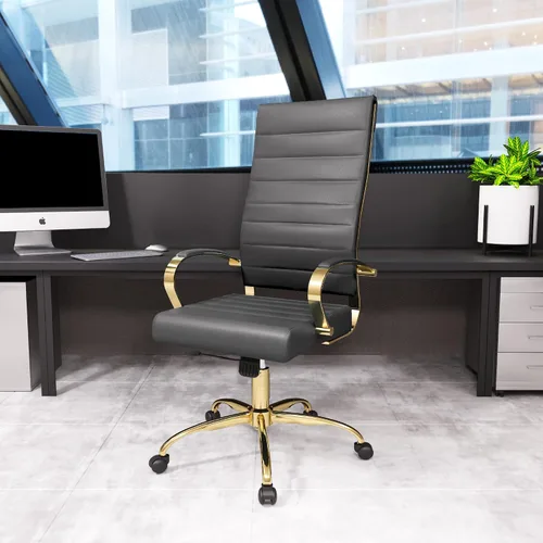 Vista 2 de LeisureMod Silla de oficina moderna de cuero con respaldo alto, silla de escritorio ejecutiva giratoria y ajustable con marco dorado, diseño Gris