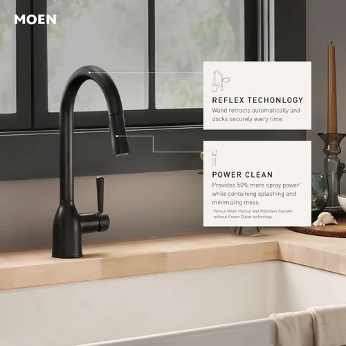 Vista 2 de Moen Adler Grifo de fregadero de cocina cromado de un solo mango con arco alto y fuerza de limpieza, llave de cocina moderna con rociador extraíble