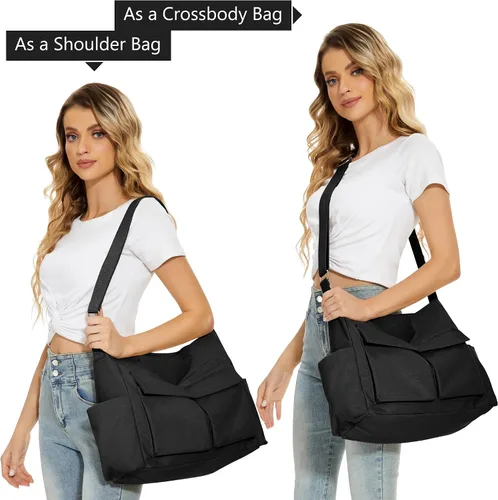 Vista 2 de KALIDI - Bolsa de lona con bolsillos, bolso bandolera grande para mujeres, hombres, universidad, trabajo, viajes, casual
