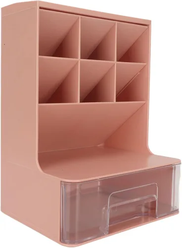 Vista 9 de Wnvivi Organizador de bolígrafo inclinado, soporte para bolígrafo de escritorio, soporte para brochas de maquillaje con cajón, organizador Rosa