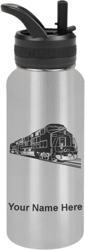 Vista 76 de LaserGram Botella de agua personalizada, tren de carga, acero inoxidable de doble pared aislada al vacío con popote superior, regalo grabado Negro