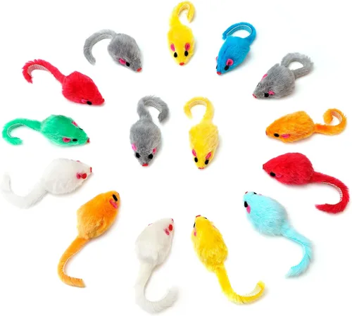 Vista 6 de CHIWAVA 36PCS 4.1 '' Peludo Gato Juguete Ratones Sonajero Pequeño Ratón Gatito Juego Interactivo Colores Surtidos