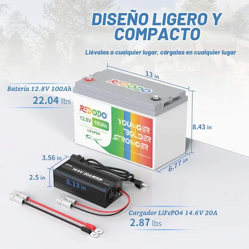 Vista 8 de Redodo Batería LiFePO4 de 12.8V 100Ah con cargador de litio de 14.6V 20A