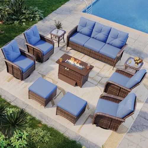 Vista 12 de Aoxun Juego de muebles de mimbre de ratán de 10 piezas con mesa para fogata Gris