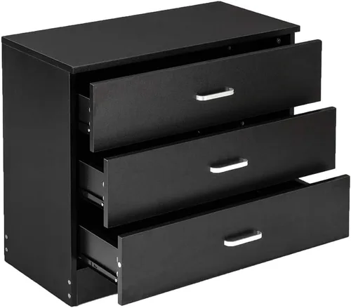Vista 4 de Vasitelan Cómoda de madera con 3 cajones, cómoda de almacenamiento moderna, mesita de noche de madera para dormitorio, sala de estar (negro)