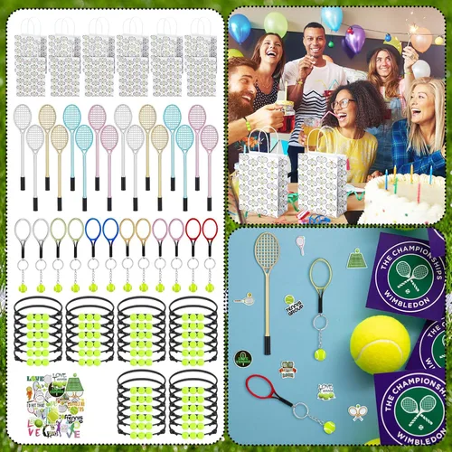 Vista 6 de Huquary 98 piezas de recuerdos de fiesta de tenis, decoraciones de fiesta de tenis, incluye 50 calcomanías, 12 mini llaveros de raqueta, 12 pulseras