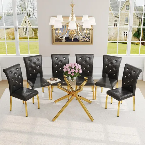 Vista 23 de Juego de mesa de comedor moderna para mesa de comedor negra de 4,63 pulgadas, juego de 4 con patas de metal dorado, mesa de cocina rectangular