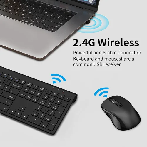 Vista 4 de Teclado y mouse inalámbricos, teclado delgado de tamaño completo con botón de calculadora, bloqueo Fn, mouse silencioso para computadora con botón