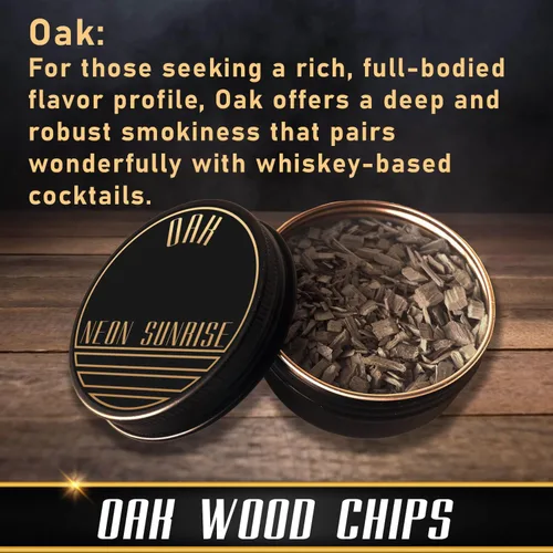 Vista 2 de Neon Sunrise Chips ahumadores de cóctel de roble para cócteles antiguos Recambio de virutas de madera de bolsa de 4 onzas Chips de madera