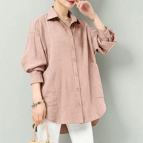 Vista 3 de Pantete Camisas con botones para mujer con bolsillos laterales grandes blusas de algodón liso de manga larga