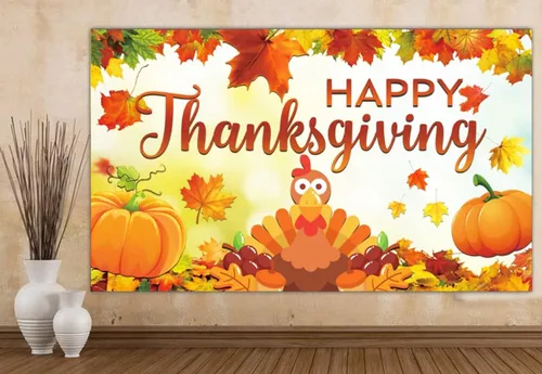 Vista 5 de Decoración de fondo grande de 6 x 3.6 pies para decoración de Acción de Gracias, calabaza, pavo, hojas de arce, decoración de fondo para decoración