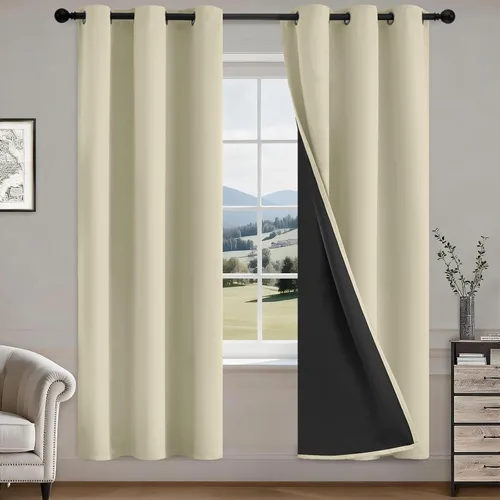 Vista 33 de COSVIYA Cortinas opacas 100% beige Biscotti para dormitorio, juego de 2 paneles de 63 pulgadas de largo, bloqueo de luz completa, aislamiento