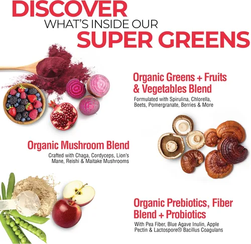 Vista 4 de Country Farms Super Greens Power Pack, 50 súper alimentos orgánicos, polvo de verduras con probióticos para la salud intestinal y alivio