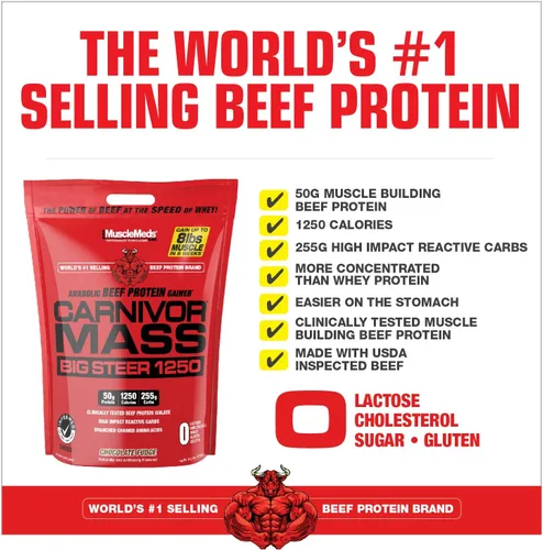 Vista 3 de MuscleMeds Carnivor Mass Chocolate Big Steer 1250, 15 libras (el embalaje puede variar)