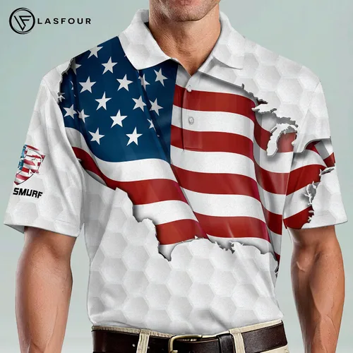 Vista 4 de LASFOUR Polo de golf divertido personalizado para hombre con bandera americana polo de golf orgulloso patriótico 3D para hombre