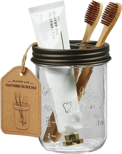 Vista 8 de Amolliar Mason Jar Soporte para Cepillos de Dientes - Acero Inoxidable a Prueba de Óxido - Sostiene 2 Cepillos de Dientes y Pasta Dental, con Negro