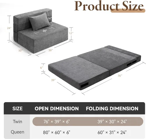 Vista 2 de HOMFINE Sofá cama plegable - Silla cama convertible con cojín, sofá desplegable, colchón de espuma viscoelástica para piso, sofá futón, sofá