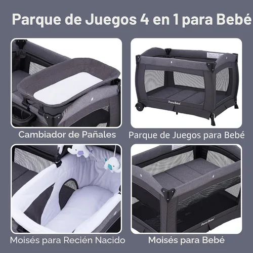 Vista 6 de Centro para bebé, corralito plegable para bebé y niño pequeño, moisés, colchón, mesa de cambio para recién nacidos (negro)