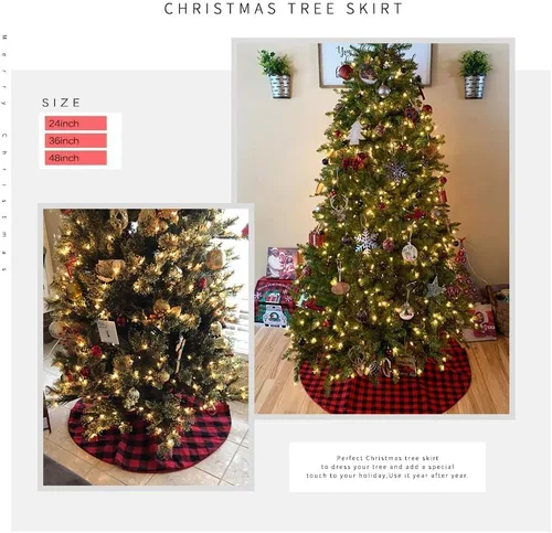 Vista 2 de SoarDream Faldas de árbol a cuadros de Navidad pequeñas de 24 pulgadas, falda de árbol a cuadros de búfalo rojo y negro para Navidad, fiesta de Año