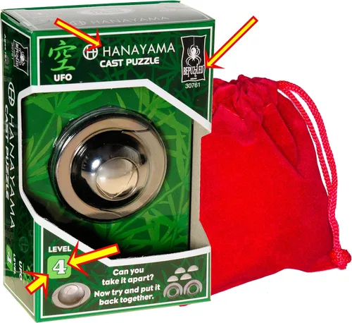 Vista 3 de UFO Hanayama Brain Teaser rompecabezas, nueva versión 2019, clasificación de dificultad de nivel 4, bolsa de terciopelo rojo con cordón, paquete