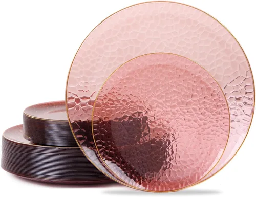 Vista 18 de Hioasis 60 piezas de platos de plástico negro - Juego de vajilla desechable con borde dorado, martillado, resistente, adecuado para 30 invitados