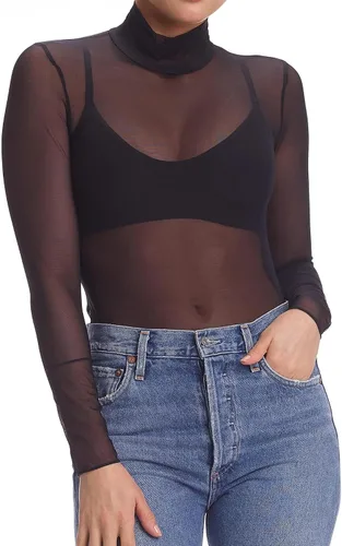 Vista 4 de Body de manga larga de malla transparente para mujer, overol transparente para discoteca
