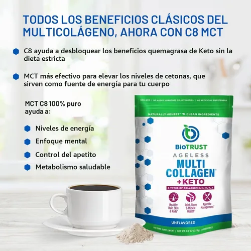 Vista 5 de BioTrust Polvo de péptidos de colágeno múltiple + aceite Keto C8 MCT, sin