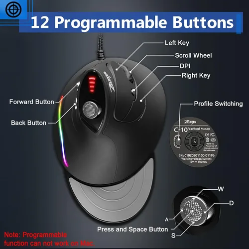Vista 4 de Mouse para juegos con basculante 5 D, mouse ergonómico TRELC con 10000 DPI12 botones programablesreposamanos, ratones verticales RGB con cable