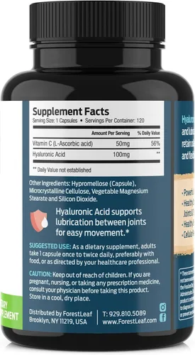 Vista 8 de ForestLeaf Suplementos de ácido hialurónico Cápsulas de polvo de ácido hialurónico dietético de 100 mg de alta biodisponibilidad + 50 mg de VIT C