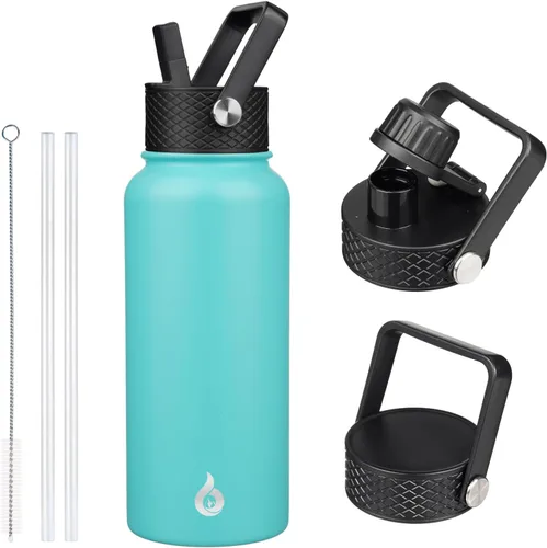 Vista 20 de BJPKPK Botellas de Agua Aisladas con Tapa de Pajita, Botella de Agua de Acero Inoxidable de 18oz, Termo Frío Caliente con 3 Tapas, Vaso de Viaje a
