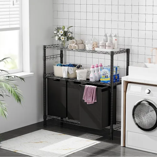 Vista 2 de GAOMON Cesta de lavandería, organizador multifuncional para lavandería, clasificador de lavandería con bolsas extraíbles y asas reforzadas, estante