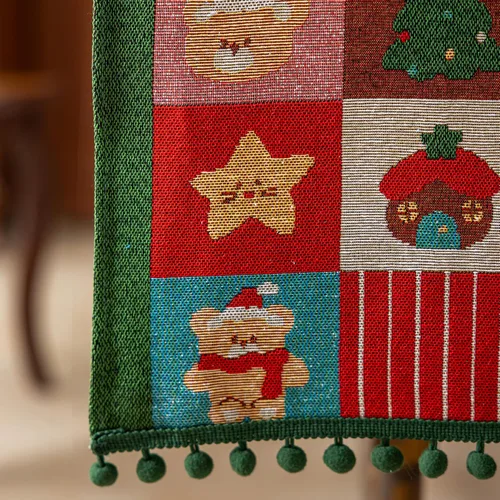 Vista 5 de Camino de mesa navideño con borlas de pompones, decoración de mesa de mezcla de lino y algodón para mesa de comedor, tocador, chimenea