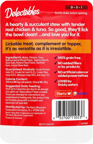 Vista 7 de Hartz Delectables Golosinas húmedas para lamer de estofado para gatos adultos y mayores, pollo y atún, 1.4 onzas (paquete de 12)