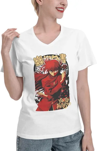 Vista 2 de Anime T Shirt Yuyu Hakusho Yoko Kurama Female V Neck Tee Summer Fashion Short Sleeves Clothes White