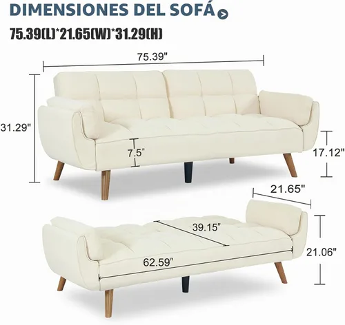 Vista 2 de Sofá cama futón de 75 pulgadas, sofá cama convertible con respaldo ajustable, sofá moderno de lino, cómodo sofá reclinable para espacios pequeños