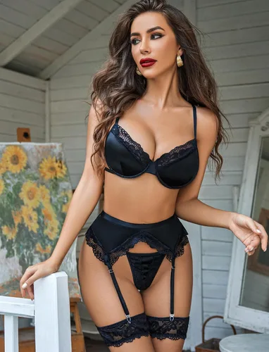 Vista 4 de Avidlove Conjunto de lencería para mujer con aros y bragas, 5 piezas, lencería de encaje satinado con ligueros