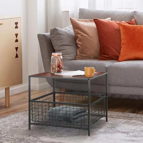 Vista 4 de SUPER DEAL Mesa auxiliar de 2 niveles con cesta de malla, mesa auxiliar cuadrada de 20 pulgadas para dormitorio, sala de estar, mini soporte